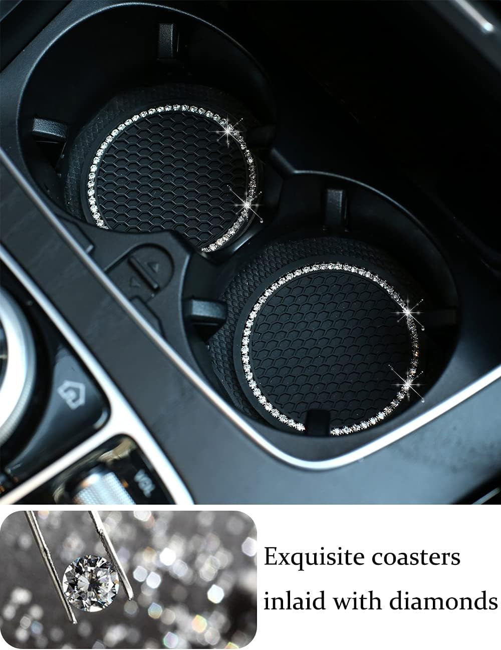 Bling Car Phone Holder Car Phone Mount, Mini Car Air Vent Rhinestone Cell Phone Holder, Universal Phone Mount Holder Car Shiny Accessories for Women with Bling Car Coaster (White)