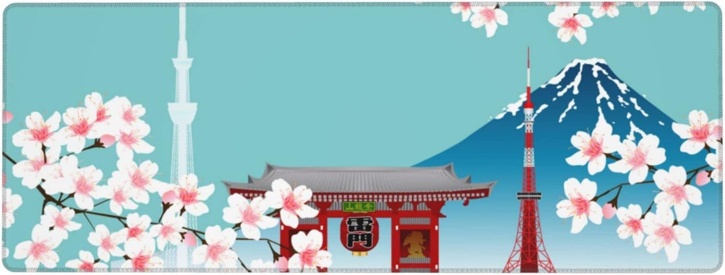 XL Japanese Cherry Blossom Large Gaming Mouse Pad, Long Extended Full Desk Mat for Desktop Keyboard Table with Mount Fuji Tokyo, Cute Big Mousepad Gifts for Women Office, 31.5 * 11.8 In