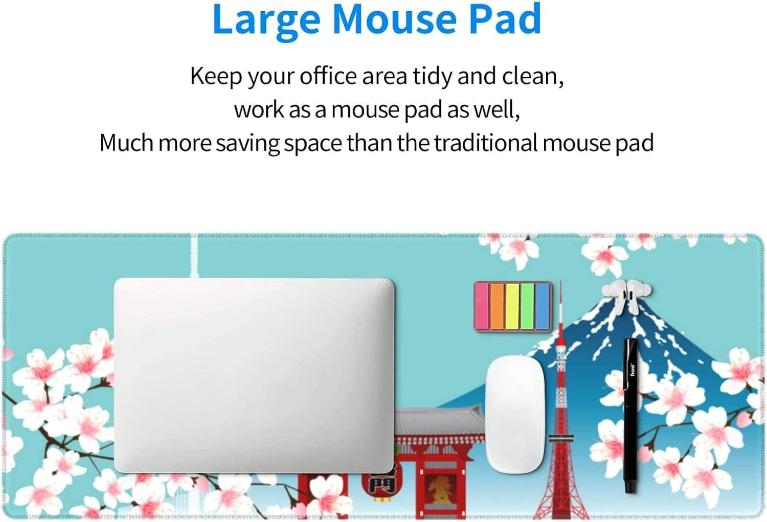 XL Japanese Cherry Blossom Large Gaming Mouse Pad, Long Extended Full Desk Mat for Desktop Keyboard Table with Mount Fuji Tokyo, Cute Big Mousepad Gifts for Women Office, 31.5 * 11.8 In