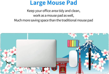 XL Japanese Cherry Blossom Large Gaming Mouse Pad, Long Extended Full Desk Mat for Desktop Keyboard Table with Mount Fuji Tokyo, Cute Big Mousepad Gifts for Women Office, 31.5 * 11.8 In