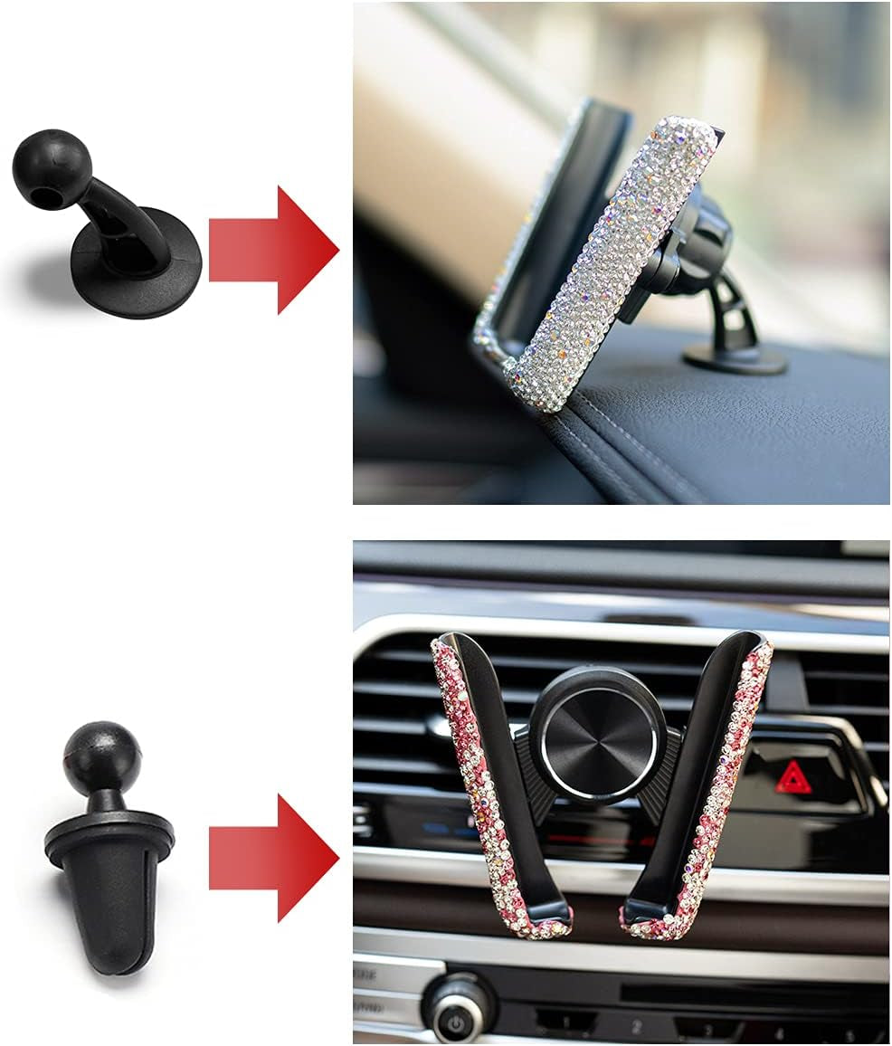 Bling Car Phone Holder Car Phone Mount, Mini Car Air Vent Rhinestone Cell Phone Holder, Universal Phone Mount Holder Car Shiny Accessories for Women with Bling Car Coaster (White)