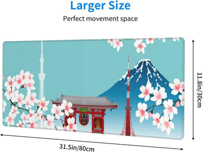 XL Japanese Cherry Blossom Large Gaming Mouse Pad, Long Extended Full Desk Mat for Desktop Keyboard Table with Mount Fuji Tokyo, Cute Big Mousepad Gifts for Women Office, 31.5 * 11.8 In