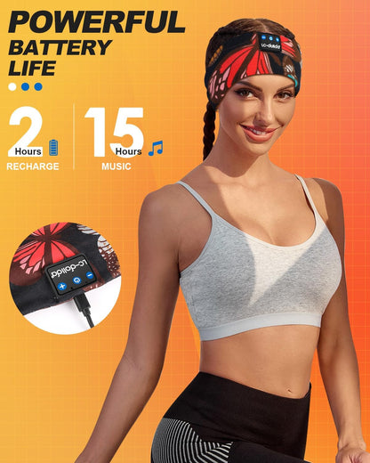 Sleep Headphones Headband Bluetooth 5.4, Sports Headband Earphones Wireless with Speaker Microphone USB C for Sleeping Gift Workout Jogging Yoga Insomnia Travel Meditation, Butterfly