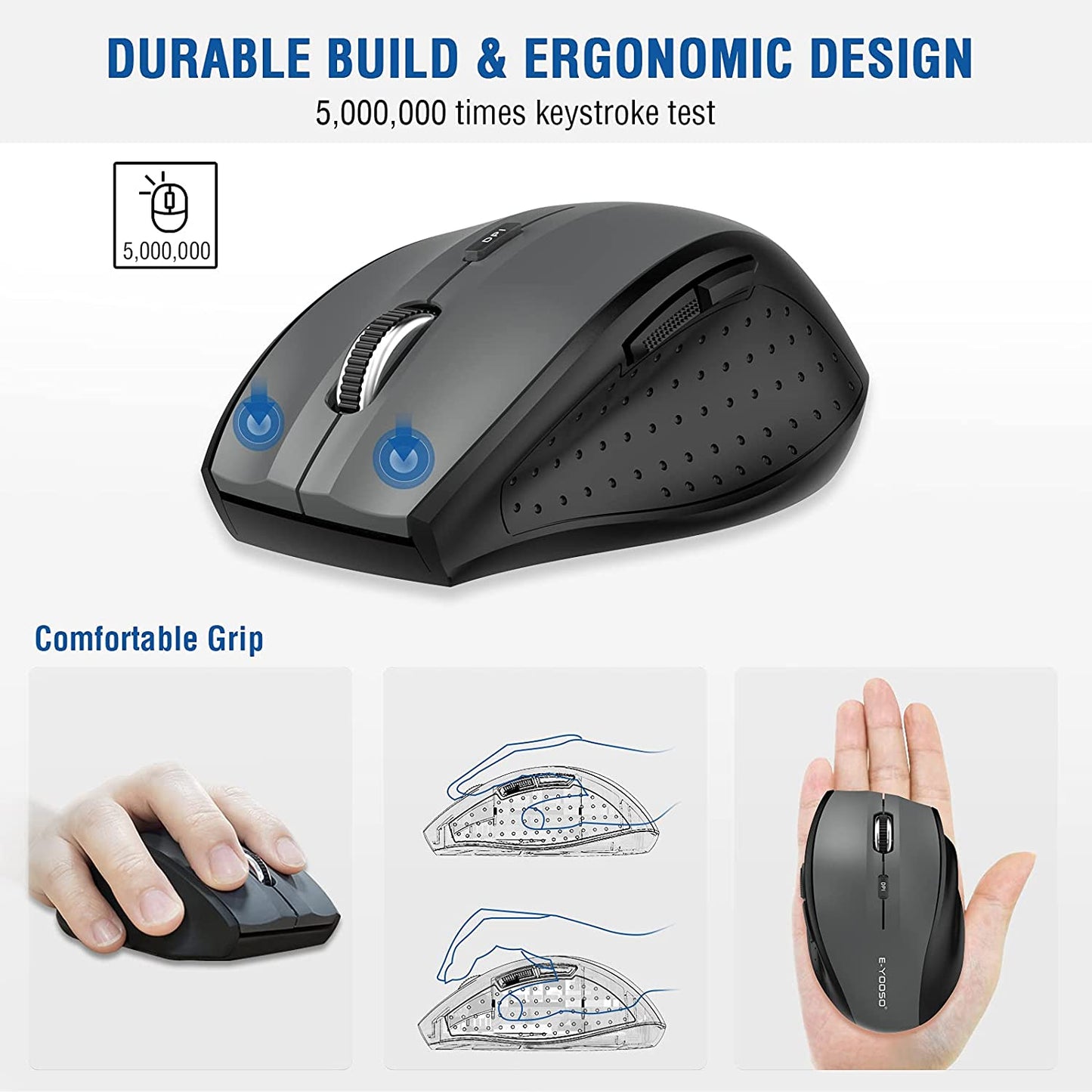 Wireless Mouse for Laptop, Portable Optical Computer Mouse, 6 Buttons, Cordless 2.4Ghz with USB Receiver, 5-Level 4800 DPI, 18 Months Battery Life, for PC Chromebook Windows Mac