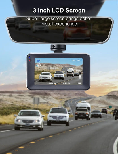 Dash Cam Front and Rear, 1080P Dual 3" Car Camera, Parking Monitor, Loop Recording