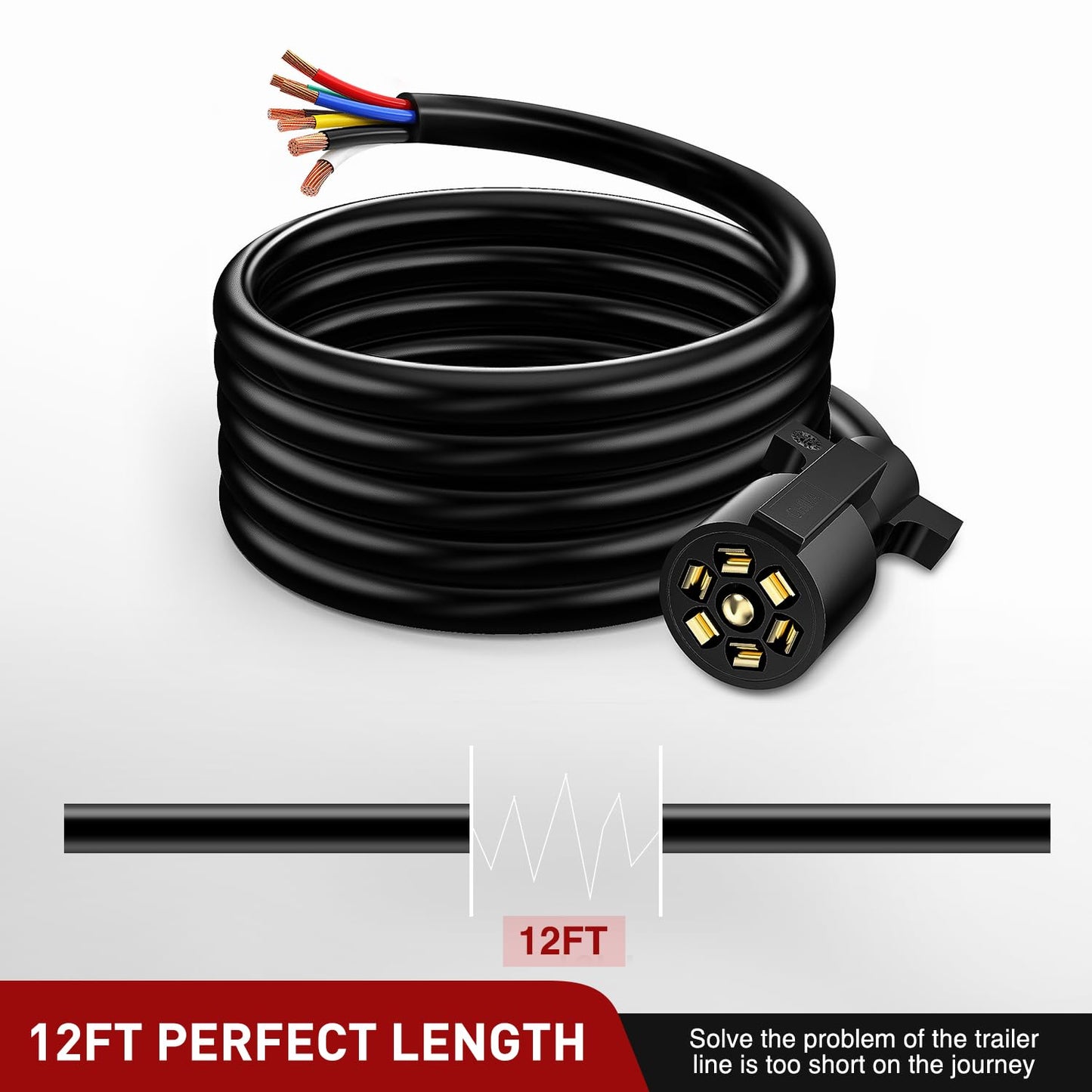 12Feet 7Way Heavy Duty 7 Pin Plug Inline Trailer Cord for Truck Camper Blade Molded RV Cable Wire Weatherproof & Corrosion Resistant-12Ft, 2 Years Warranty