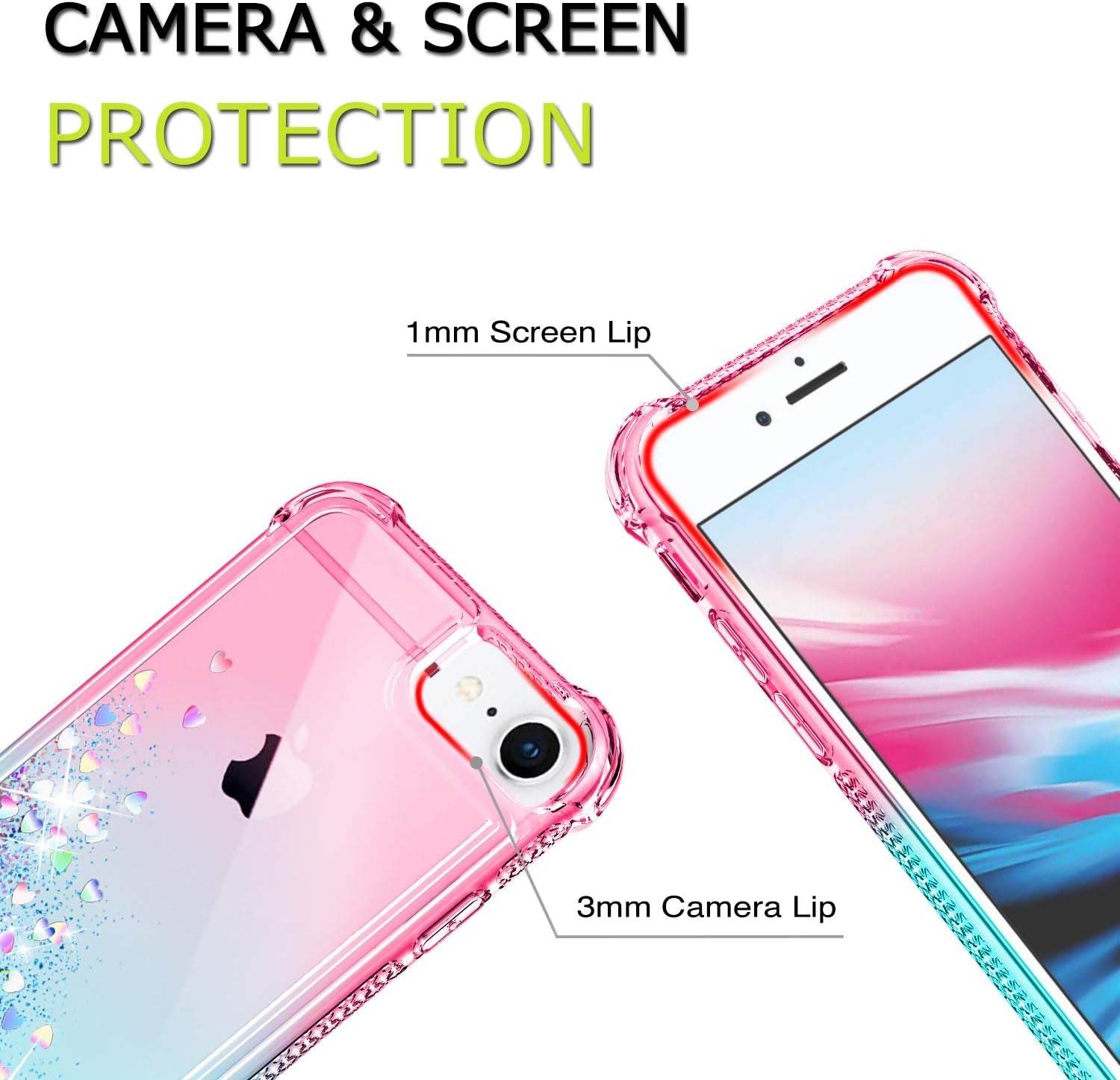 Iphone SE 2020 Case, Iphone 6/6S/7/8 Case with HD Screen Protector for Girls Women, Cute Clear Gradient Glitter Liquid TPU Slim Phone Case for Apple Iphone SE 2020/6/6S/7/8 Pink/Teal