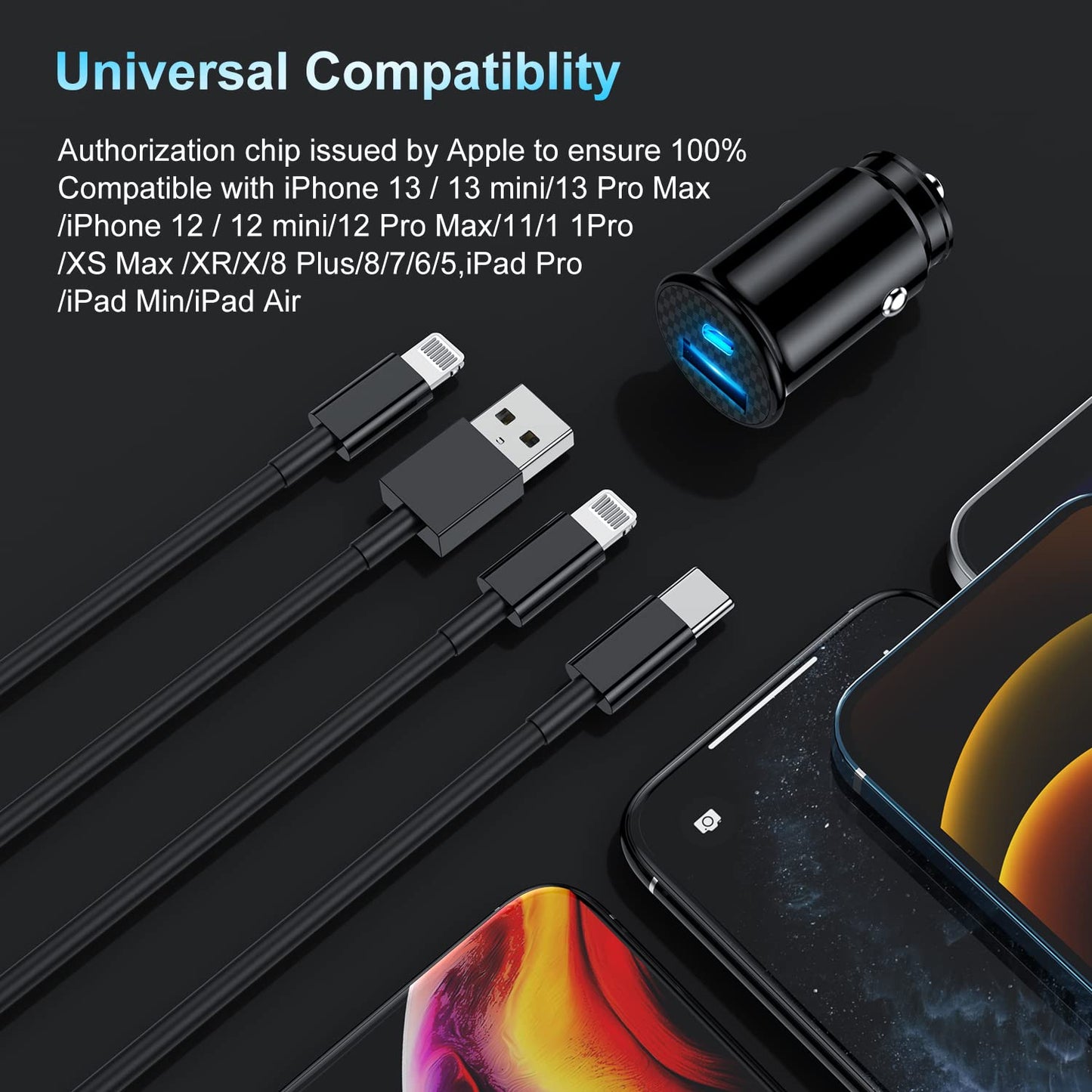 [Apple Certified] Iphone Fast Car Charger,Dual-Port USB a and USB C Charging Adapter with Two Lightning Cable, Type C Car Charging Plug for Iphone 14 Pro/13 Pro Max/12 Mini/11/Xs/Xr/X/8/Ipad