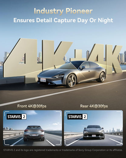 F77 4K+4K Front and Rear Dash Cam with HDR, Dual STARVIS 2 IMX678 Sensor, Voice Control Dash Camera for Cars with 128GB Emmc Storage, 5.8Ghz Wifi, 4'' Touch Screen, 24H Parking Mode