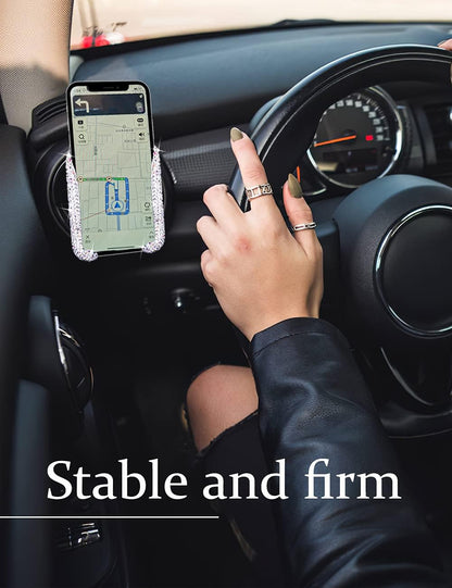Bling Car Phone Holder Car Phone Mount, Mini Car Air Vent Rhinestone Cell Phone Holder, Universal Phone Mount Holder Car Shiny Accessories for Women with Bling Car Coaster (White)