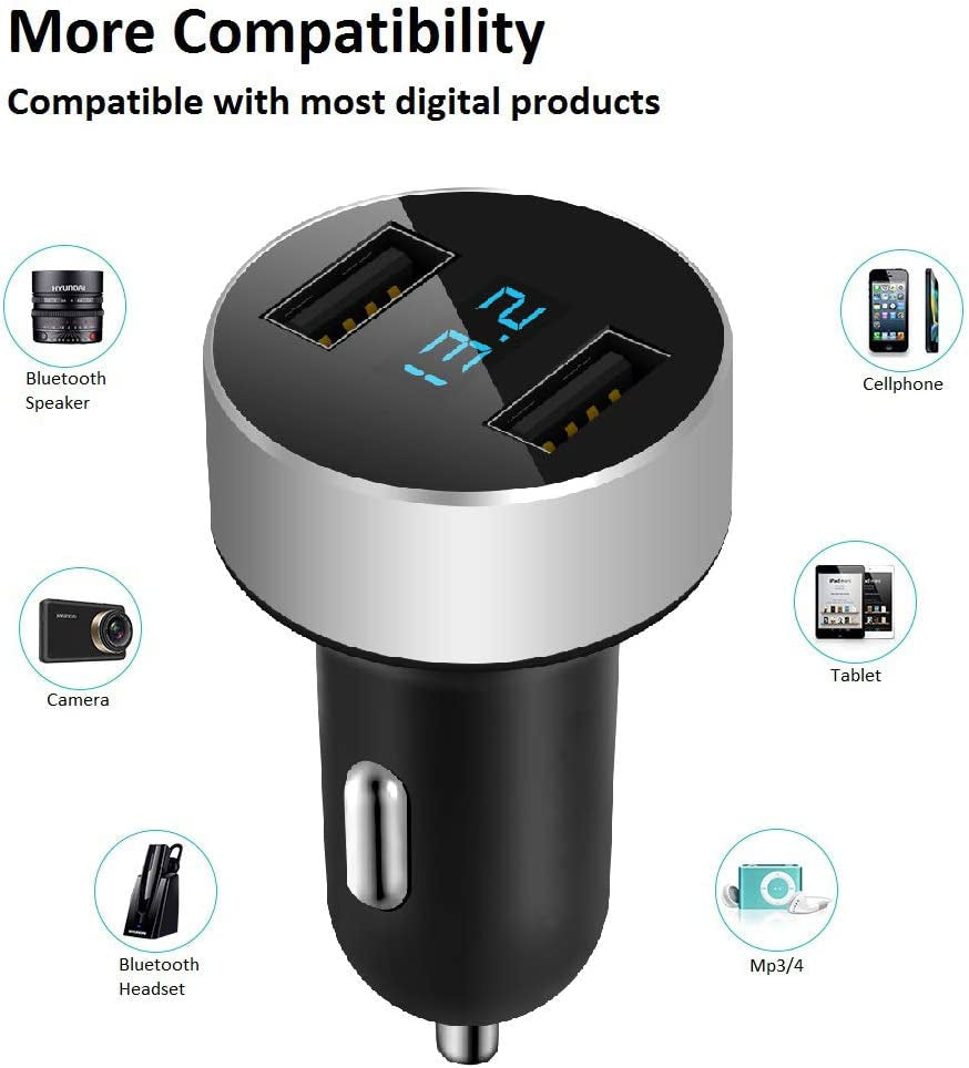 Dual USB Car Charger, 4.8A Output, 12/24 Volt USB Adapter Plug for Cigarette Lighter Voltage Meter, Compatible with Iphone,Ipad, Samsung Galaxy, LG, Google, Silver