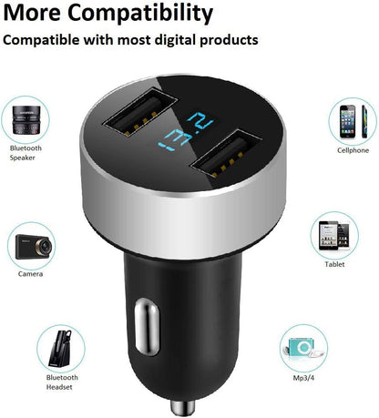Dual USB Car Charger, 4.8A Output, 12/24 Volt USB Adapter Plug for Cigarette Lighter Voltage Meter, Compatible with Iphone,Ipad, Samsung Galaxy, LG, Google, Silver