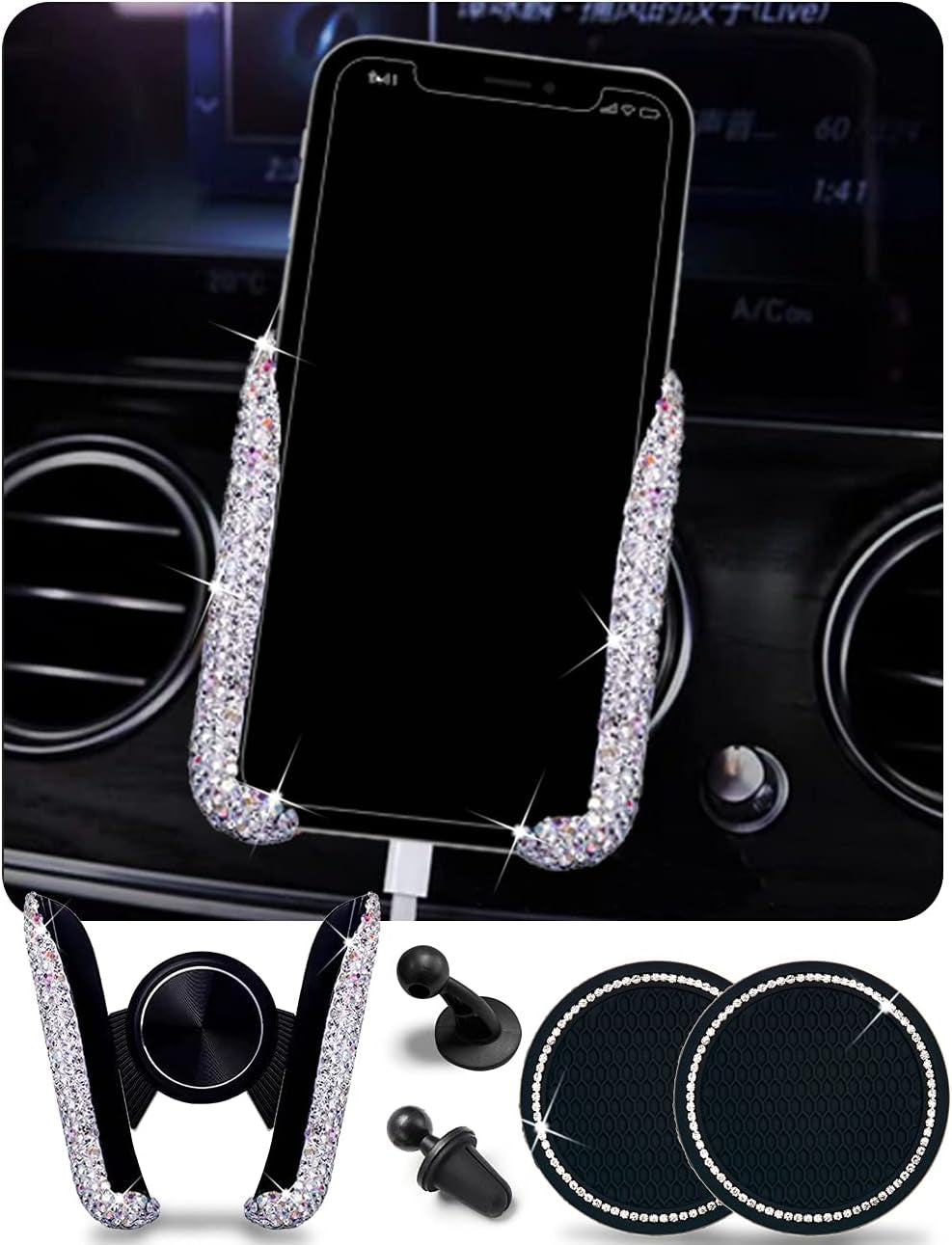 Bling Car Phone Holder Car Phone Mount, Mini Car Air Vent Rhinestone Cell Phone Holder, Universal Phone Mount Holder Car Shiny Accessories for Women with Bling Car Coaster (White)