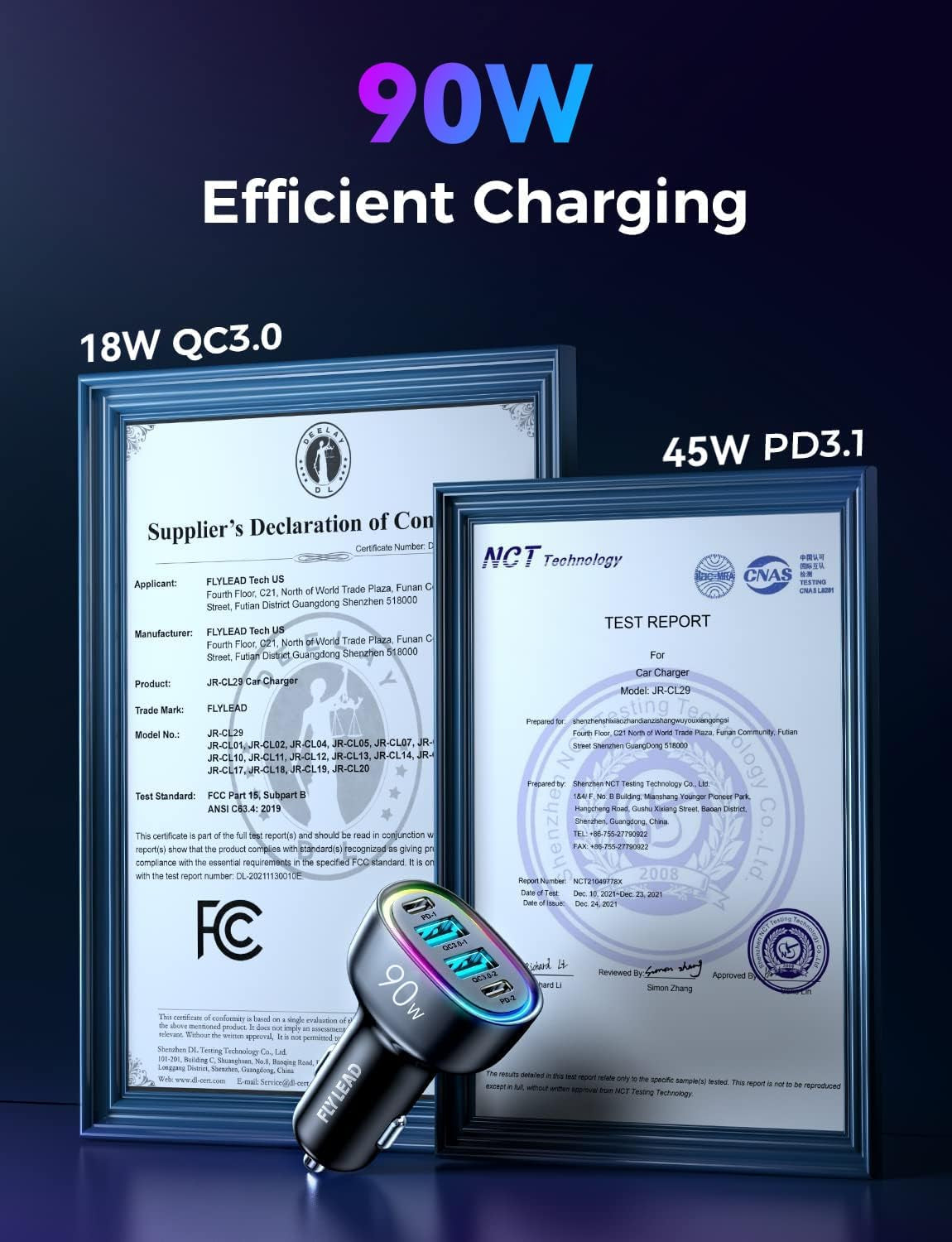 Car Charger USB C 90W 4-Port Car Phone Charger Compatible with Iphone 16/15/14/13/12 Pro Max plus [A Must for Family Travel] Super Fast Charging Cigarette Lighter Adapter Port