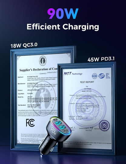 Car Charger USB C 90W 4-Port Car Phone Charger Compatible with Iphone 16/15/14/13/12 Pro Max plus [A Must for Family Travel] Super Fast Charging Cigarette Lighter Adapter Port