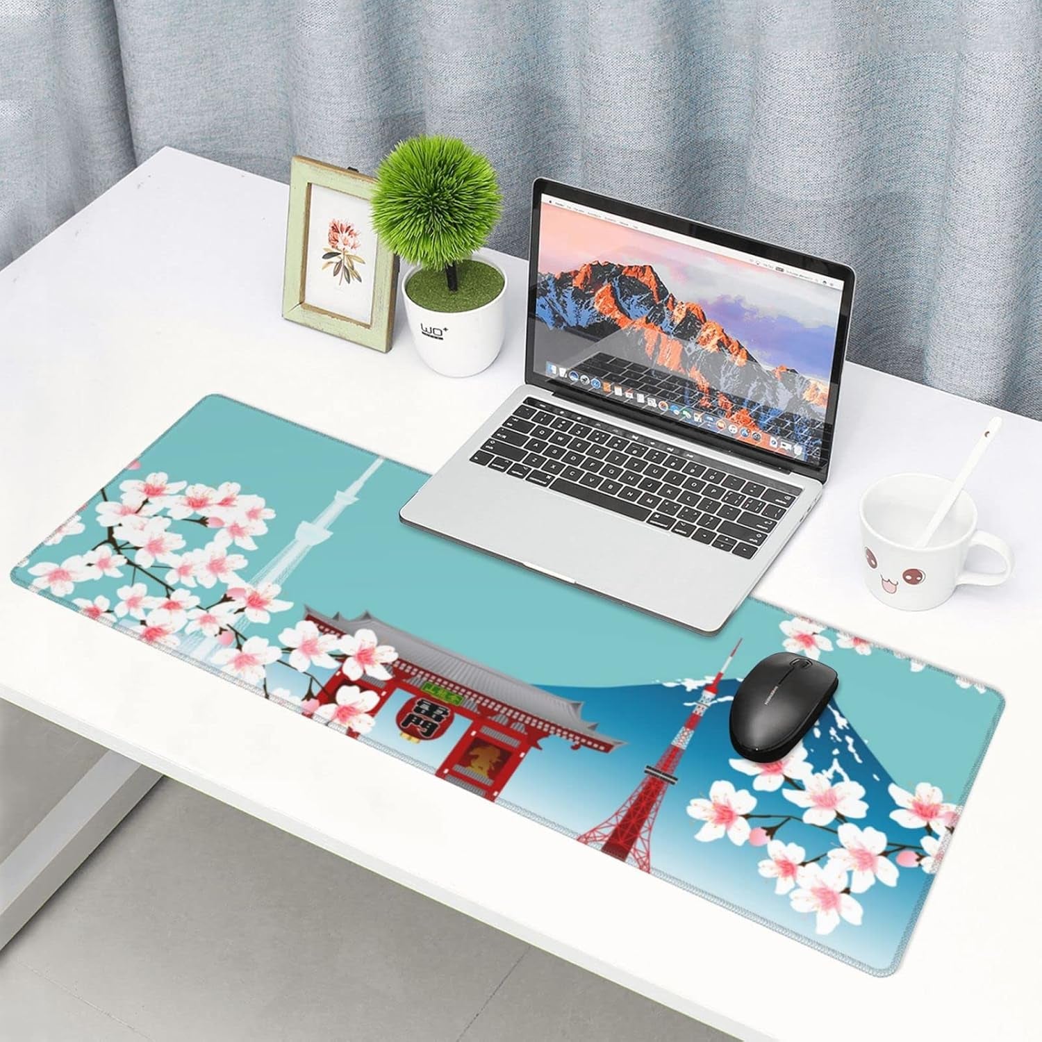 XL Japanese Cherry Blossom Large Gaming Mouse Pad, Long Extended Full Desk Mat for Desktop Keyboard Table with Mount Fuji Tokyo, Cute Big Mousepad Gifts for Women Office, 31.5 * 11.8 In