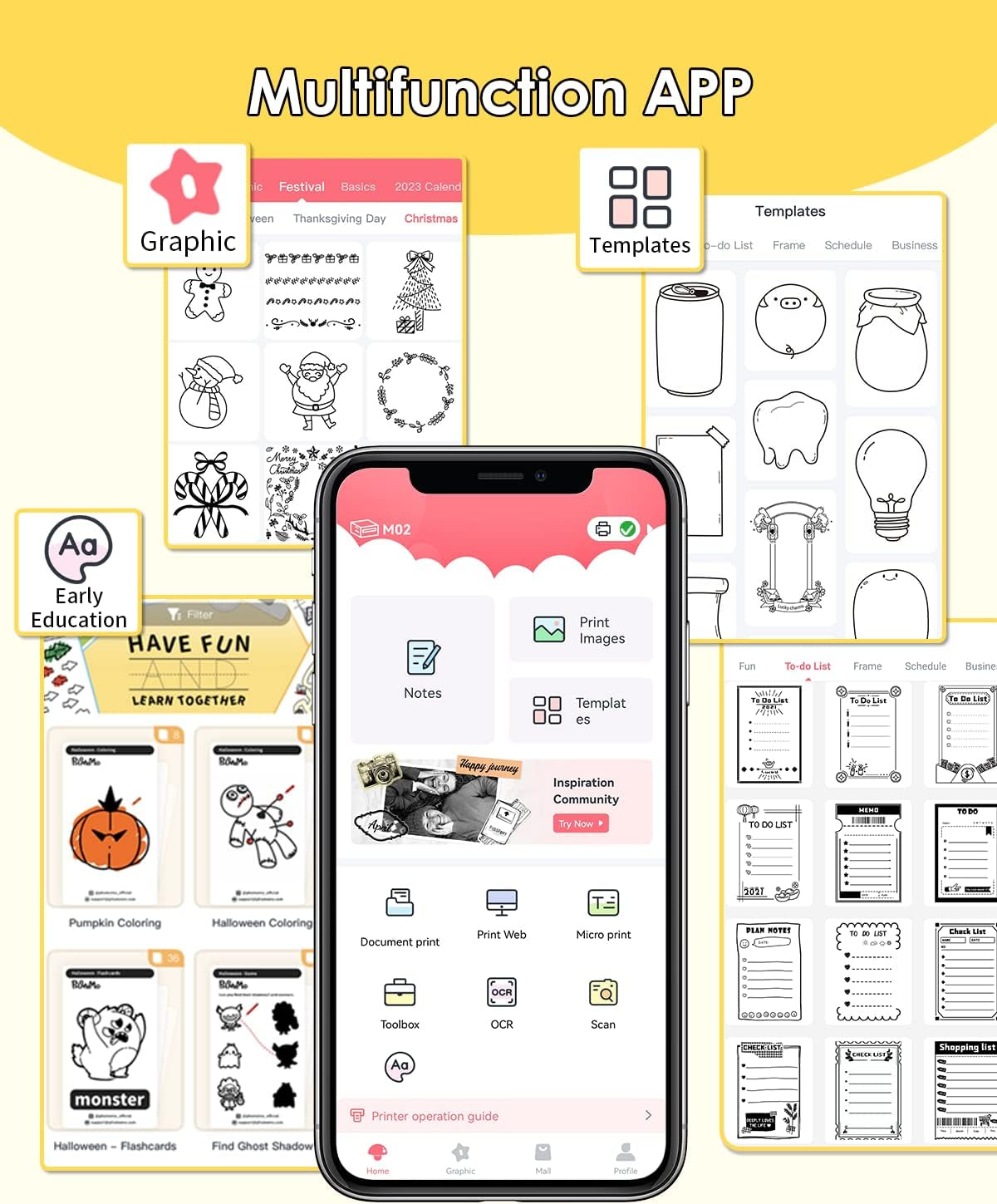 Mini Sticker Printer M02 Portable Inkless Sticker Printer, Compatible with Ios & Android, Print Pod for Phone, for Fun Christmas, Study Note, Memos, DIY Journal, Gift, for Kids Students, Black