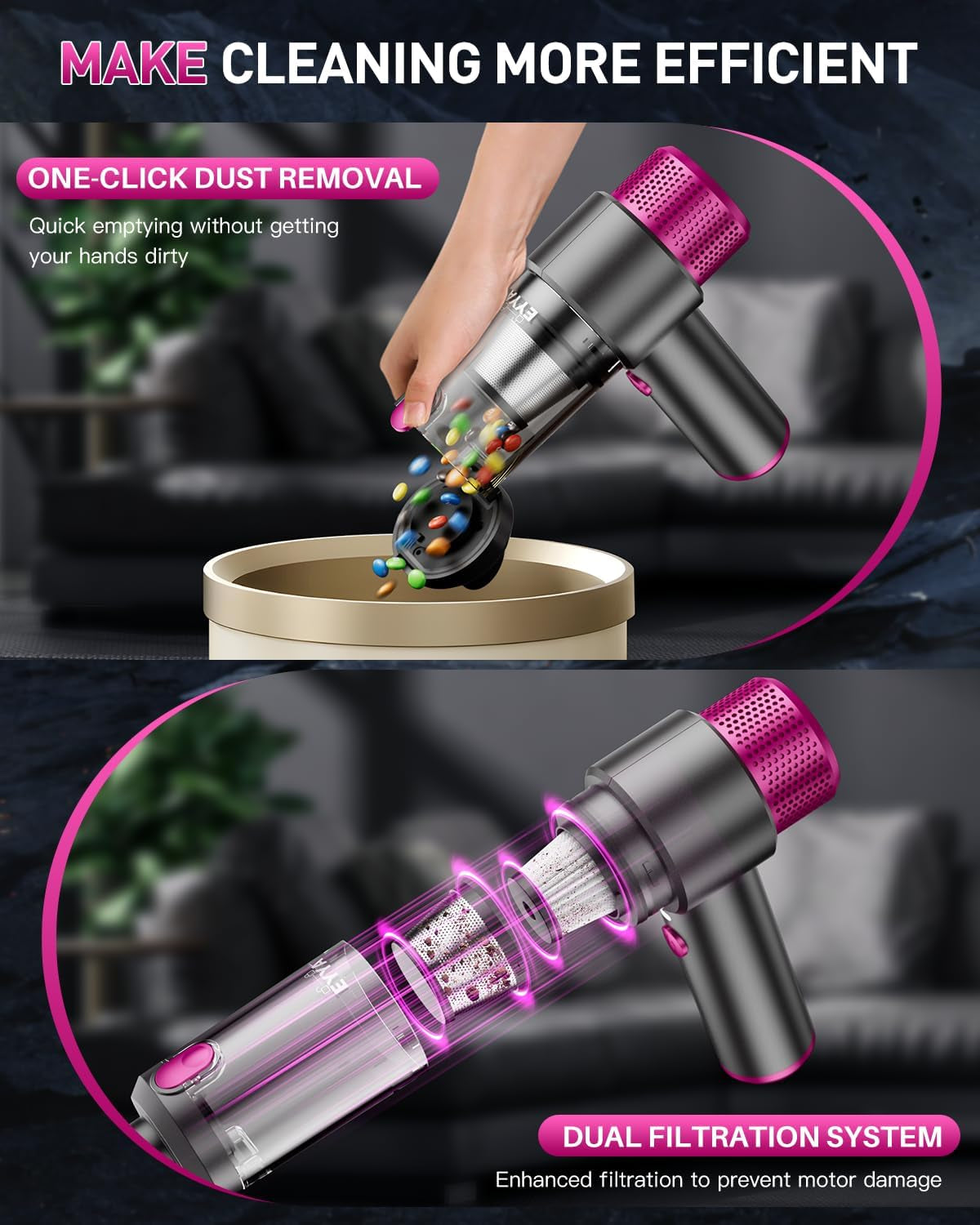 Handheld Car Vacuum Cleaner Cordless, 15000PA High Power Car Vacuum Cleaner & Air Duster, 4-In-1 Portable Mini Car Vacuum Cleaner with LED Light, Hand Held Vacuum Cleaner for Car Home Office