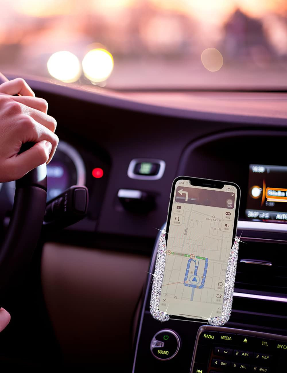 Bling Car Phone Holder Car Phone Mount, Mini Car Air Vent Rhinestone Cell Phone Holder, Universal Phone Mount Holder Car Shiny Accessories for Women with Bling Car Coaster (White)