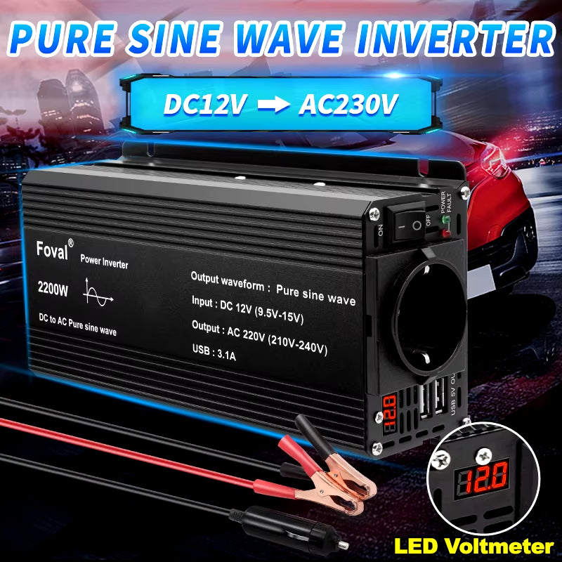 Pure Sine Wave Inverter DC 12V to AC 220V 230V 1500W/2200W/2600W Voltage Transfer Converter Universal EU Socket Auto Accessories