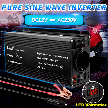 Pure Sine Wave Inverter DC 12V to AC 220V 230V 1500W/2200W/2600W Voltage Transfer Converter Universal EU Socket Auto Accessories