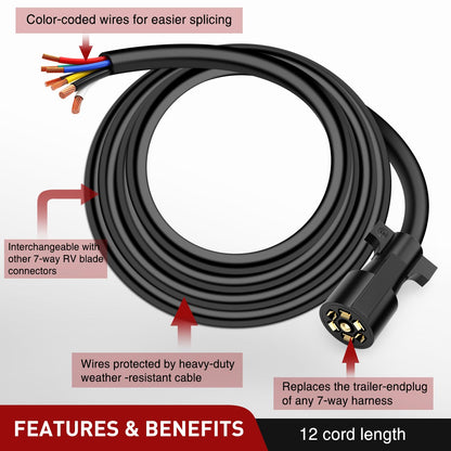 12Feet 7Way Heavy Duty 7 Pin Plug Inline Trailer Cord for Truck Camper Blade Molded RV Cable Wire Weatherproof & Corrosion Resistant-12Ft, 2 Years Warranty