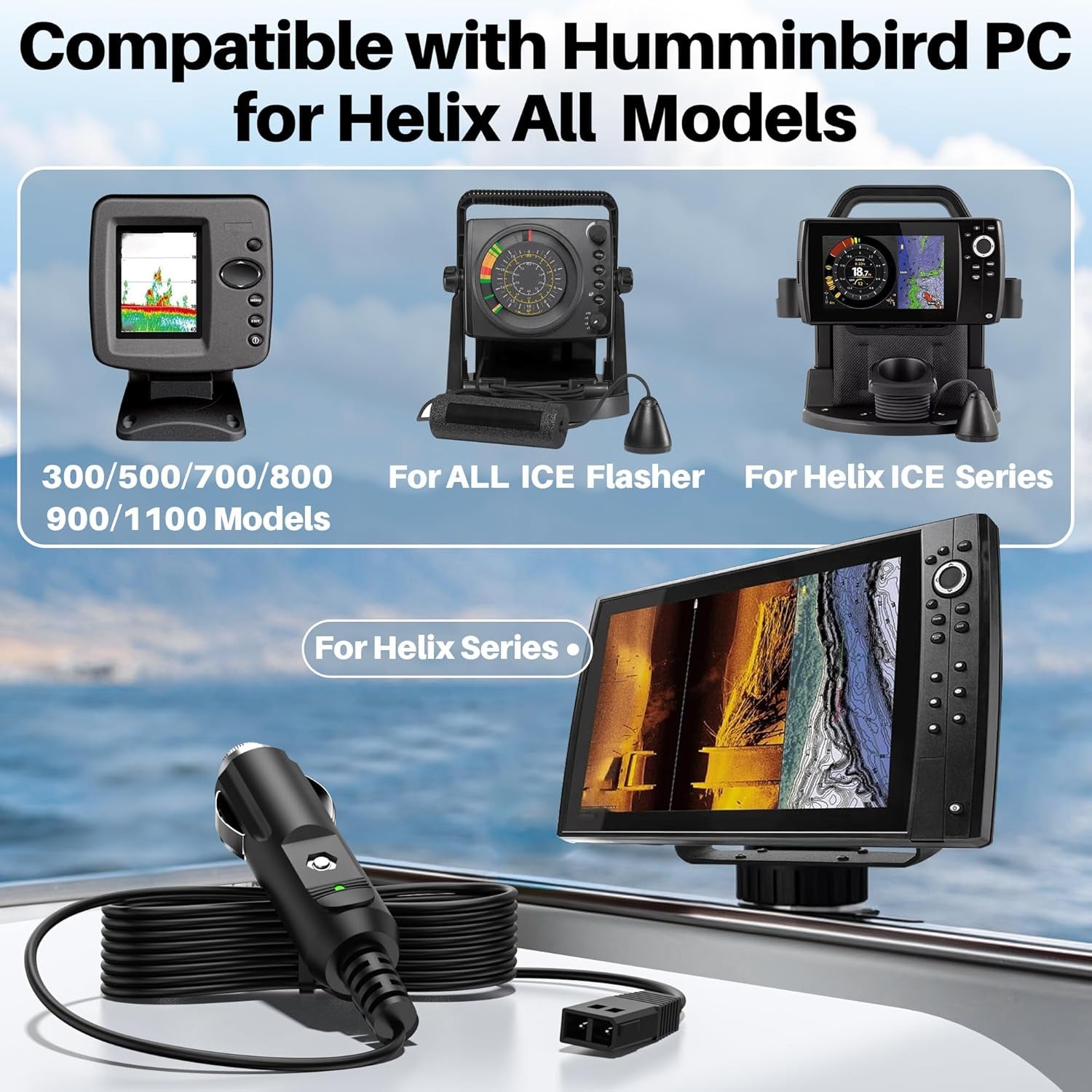 12V Power Cord for Humminbird Fish Finder Charger Fits for Humminbird for Helix 7/5/8/9/10/12/15, for All ICE for Helix, All ICE Flasher Models 720105-1 Fishfinders AC Adapter