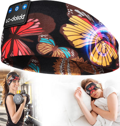 Sleep Headphones Headband Bluetooth 5.4, Sports Headband Earphones Wireless with Speaker Microphone USB C for Sleeping Gift Workout Jogging Yoga Insomnia Travel Meditation, Butterfly
