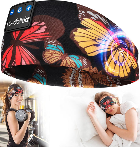 Sleep Headphones Headband Bluetooth 5.4, Sports Headband Earphones Wireless with Speaker Microphone USB C for Sleeping Gift Workout Jogging Yoga Insomnia Travel Meditation, Butterfly