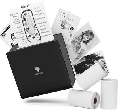 M02 Mini Sticker Printer, Bluetooth Pocket Printer Gift Suit 3 Sizes of Mixed Thermal Paper Rolls, Print Pod, Compatible with Ios & Android for Work, Home, Travel - Black