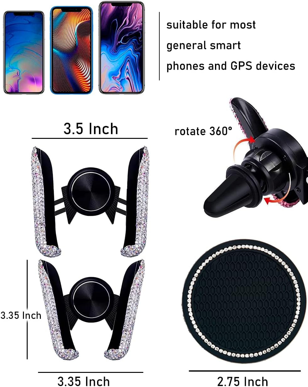 Bling Car Phone Holder Car Phone Mount, Mini Car Air Vent Rhinestone Cell Phone Holder, Universal Phone Mount Holder Car Shiny Accessories for Women with Bling Car Coaster (White)