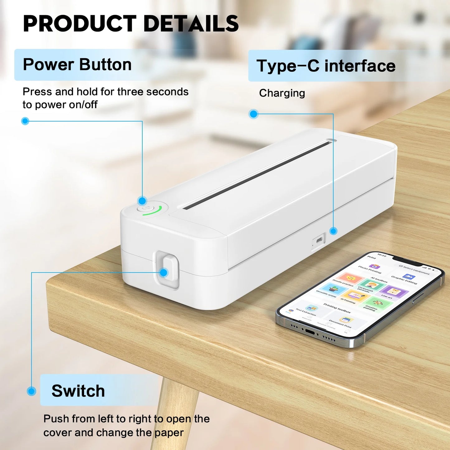 Bluetooth Printer, 8.27" Wide A4 Paper, Portable Thermal Inkless Printer with APP