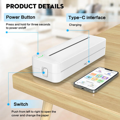 Bluetooth Printer, 8.27" Wide A4 Paper, Portable Thermal Inkless Printer with APP