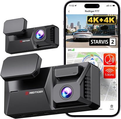 F77 4K+4K Front and Rear Dash Cam with HDR, Dual STARVIS 2 IMX678 Sensor, Voice Control Dash Camera for Cars with 128GB Emmc Storage, 5.8Ghz Wifi, 4'' Touch Screen, 24H Parking Mode