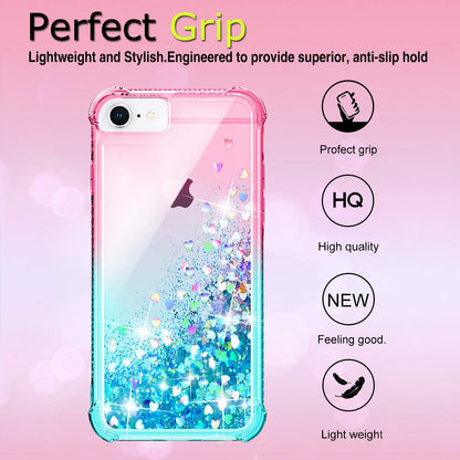 Iphone SE 2020 Case, Iphone 6/6S/7/8 Case with HD Screen Protector for Girls Women, Cute Clear Gradient Glitter Liquid TPU Slim Phone Case for Apple Iphone SE 2020/6/6S/7/8 Pink/Teal