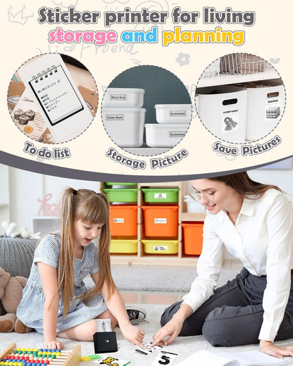 M02 Mini Sticker Printer, Bluetooth Pocket Printer Gift Suit 3 Sizes of Mixed Thermal Paper Rolls, Print Pod, Compatible with Ios & Android for Work, Home, Travel - Black