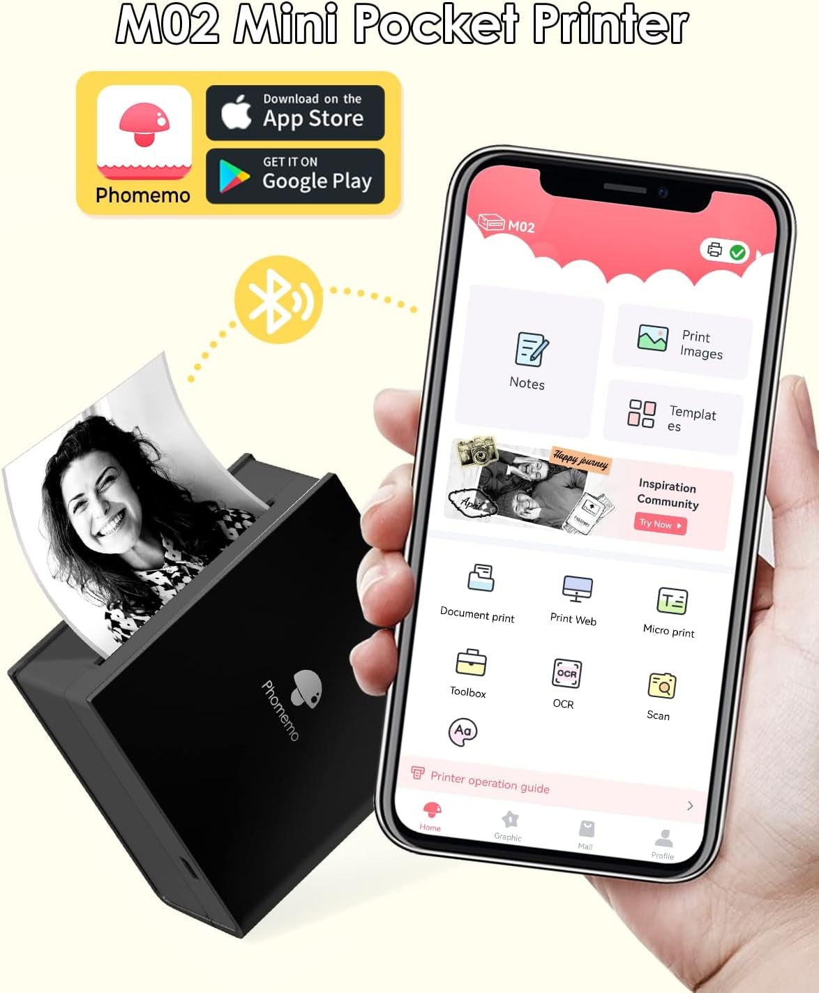 Mini Sticker Printer M02 Portable Inkless Sticker Printer, Compatible with Ios & Android, Print Pod for Phone, for Fun Christmas, Study Note, Memos, DIY Journal, Gift, for Kids Students, Black