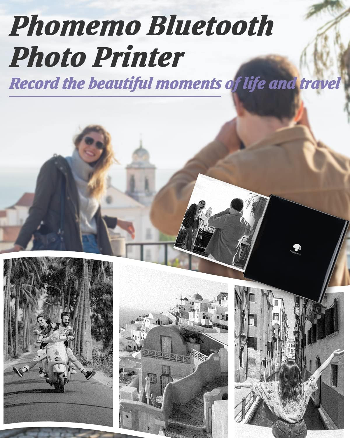 M02 Mini Sticker Printer, Bluetooth Pocket Printer Gift Suit 3 Sizes of Mixed Thermal Paper Rolls, Print Pod, Compatible with Ios & Android for Work, Home, Travel - Black