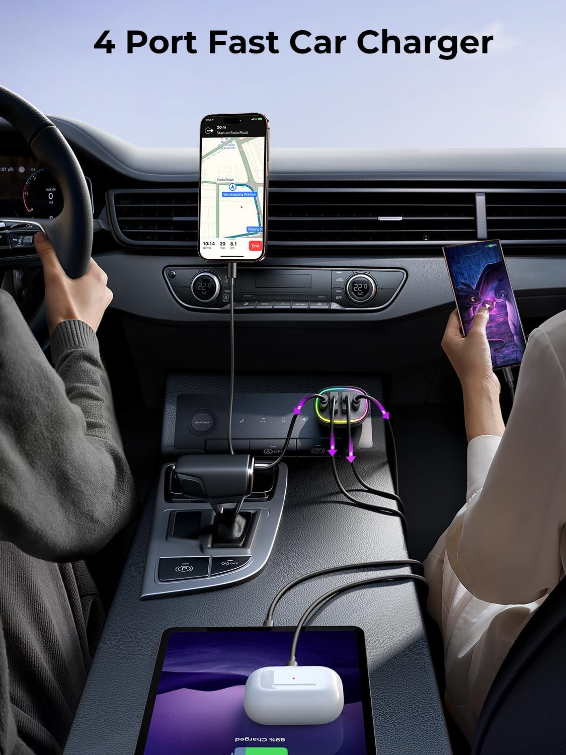 Car Charger USB C 90W 4-Port Car Phone Charger Compatible with Iphone 16/15/14/13/12 Pro Max plus [A Must for Family Travel] Super Fast Charging Cigarette Lighter Adapter Port