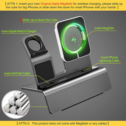 Aluminum Charging Stand for Apple Device 3 in 1 Charger Stand Holder Compatible with Magsafe Charger Iwatch Charger Airpods Pro/2/1 and Iphone Stand Holder(Charger & Cable Required)-Space Gray