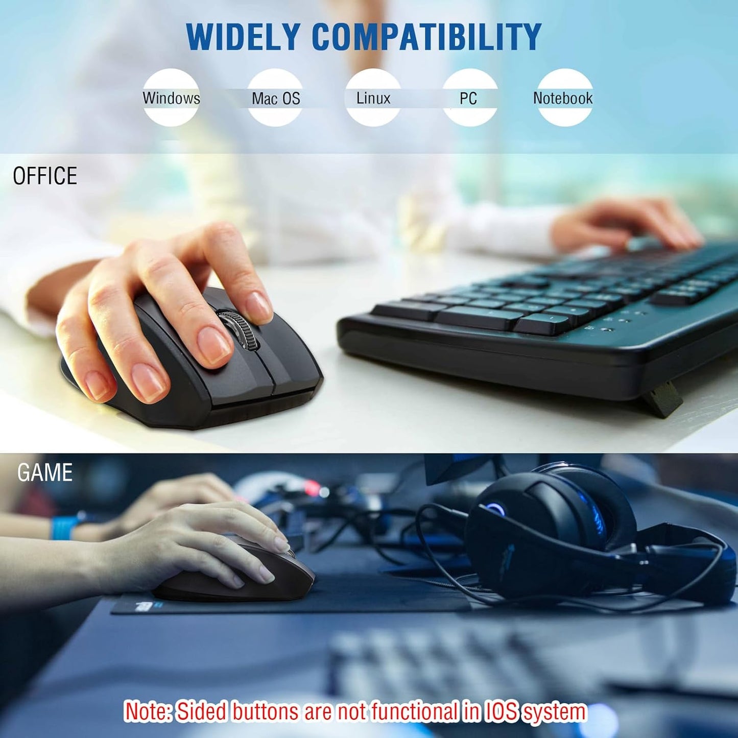 Wireless Mouse for Laptop, Portable Optical Computer Mouse, 6 Buttons, Cordless 2.4Ghz with USB Receiver, 5-Level 4800 DPI, 18 Months Battery Life, for PC Chromebook Windows Mac