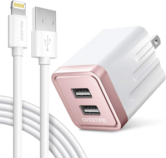 Iphone Charger Set,  Apple Mfi Certified Lightning Cable with Dual USB Wall Adapter 2.4 AMP Compatible W/Iphone 11 Pro Max XS XR X 8 7 6S 6 plus SE Airpods Ipad (Rose Gold/White, 4Ft)