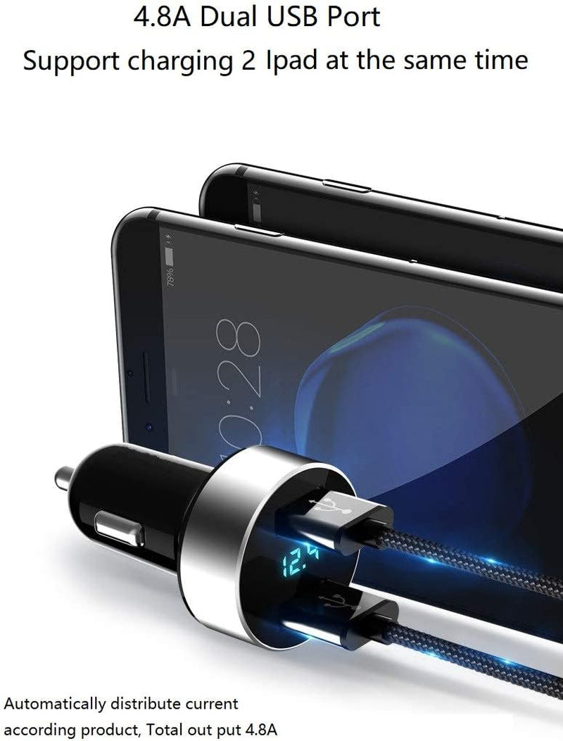 Dual USB Car Charger, 4.8A Output, 12/24 Volt USB Adapter Plug for Cigarette Lighter Voltage Meter, Compatible with Iphone,Ipad, Samsung Galaxy, LG, Google, Silver