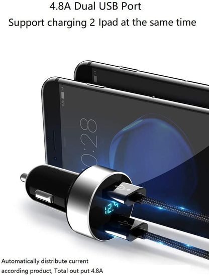 Dual USB Car Charger, 4.8A Output, 12/24 Volt USB Adapter Plug for Cigarette Lighter Voltage Meter, Compatible with Iphone,Ipad, Samsung Galaxy, LG, Google, Silver