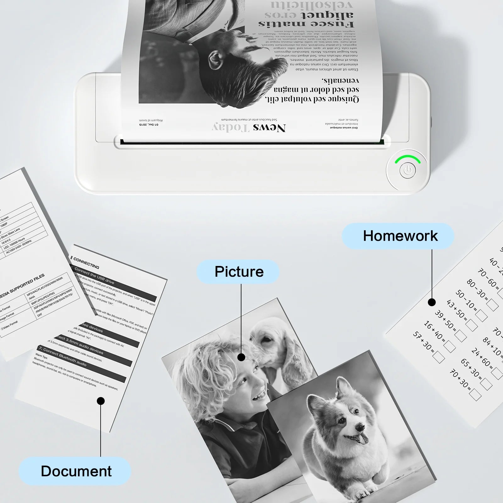 Bluetooth Printer, 8.27" Wide A4 Paper, Portable Thermal Inkless Printer with APP