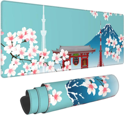 XL Japanese Cherry Blossom Large Gaming Mouse Pad, Long Extended Full Desk Mat for Desktop Keyboard Table with Mount Fuji Tokyo, Cute Big Mousepad Gifts for Women Office, 31.5 * 11.8 In