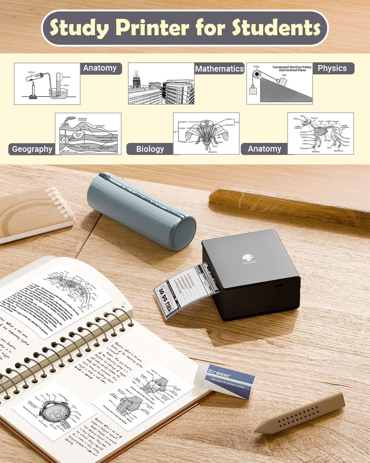 M02 Mini Sticker Printer, Bluetooth Pocket Printer Gift Suit 3 Sizes of Mixed Thermal Paper Rolls, Print Pod, Compatible with Ios & Android for Work, Home, Travel - Black