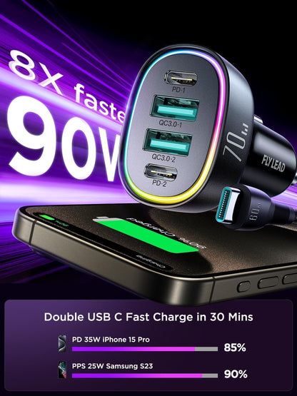 Car Charger USB C 90W 4-Port Car Phone Charger Compatible with Iphone 16/15/14/13/12 Pro Max plus [A Must for Family Travel] Super Fast Charging Cigarette Lighter Adapter Port