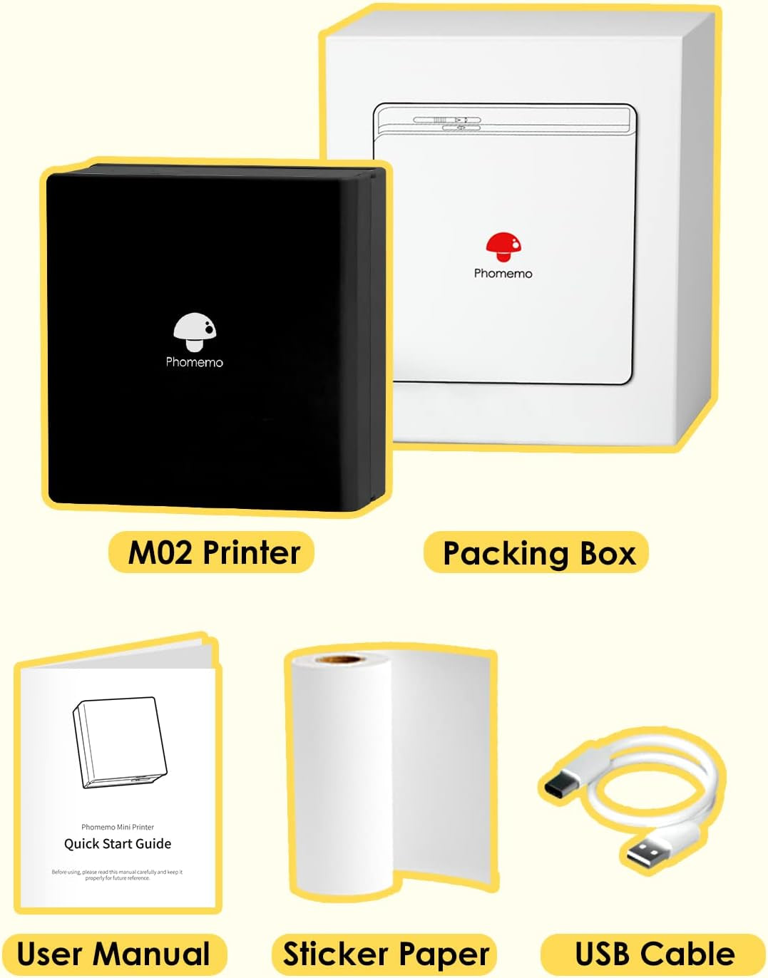 M02 Mini Sticker Printer, Bluetooth Pocket Printer Gift Suit 3 Sizes of Mixed Thermal Paper Rolls, Print Pod, Compatible with Ios & Android for Work, Home, Travel - Black