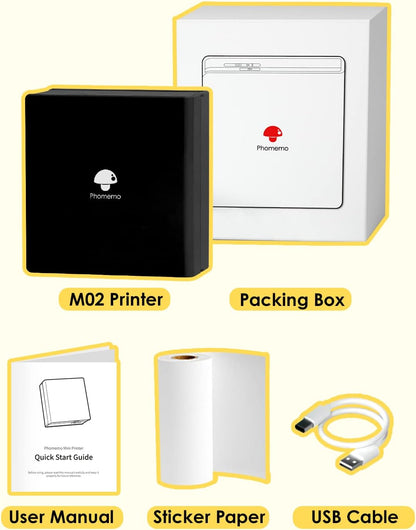 M02 Mini Sticker Printer, Bluetooth Pocket Printer Gift Suit 3 Sizes of Mixed Thermal Paper Rolls, Print Pod, Compatible with Ios & Android for Work, Home, Travel - Black